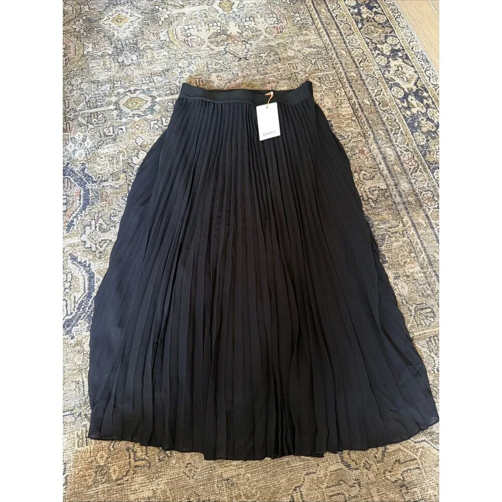 Quince Chiffon Pleated Midi Skirt Black Elastic Waist XS NWT Office Career Work
